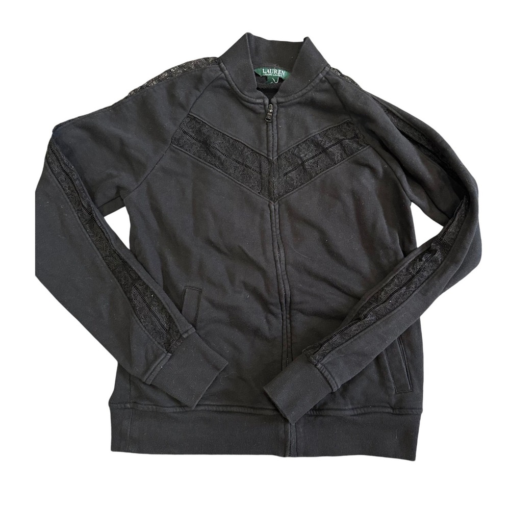 Lauren Ralph Lauren Black Lace Trim Zip Up Track Jacket Womens Small Mock Neck